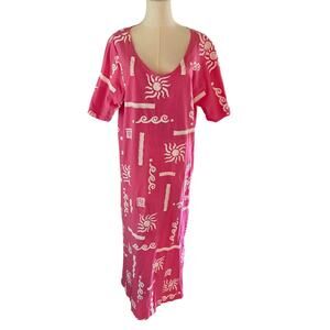 Vintage Cotton Connection Pink Sun Print Maxi Shirt Dress XL Artsy Unique Retro